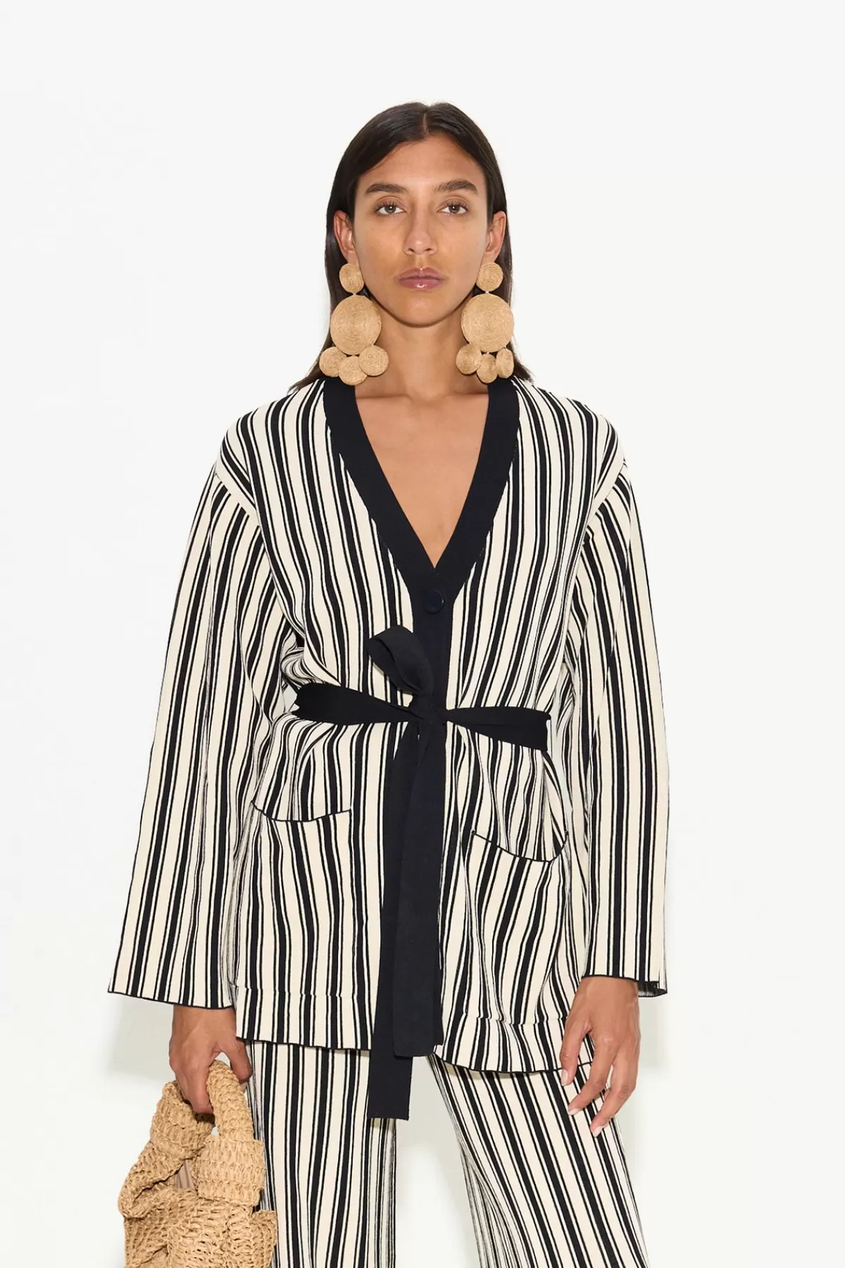 Tops<SIMONMILLER Max Belted Knit Cardigan in Black/Rice Flour Stripe black/riceflourstripe