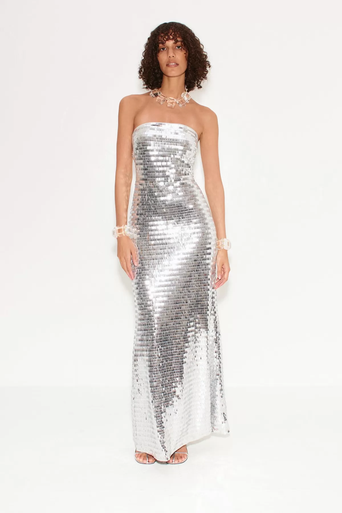 Dresses<SIMONMILLER Sculpty Strapless Sequin Dress in Satellite Silver satellitesilver