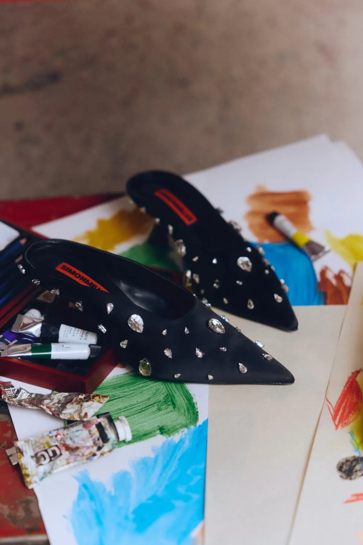 Shoes<SIMONMILLER Teardrop Crystal Pointed Gala Mule in Black/Clear black/clear